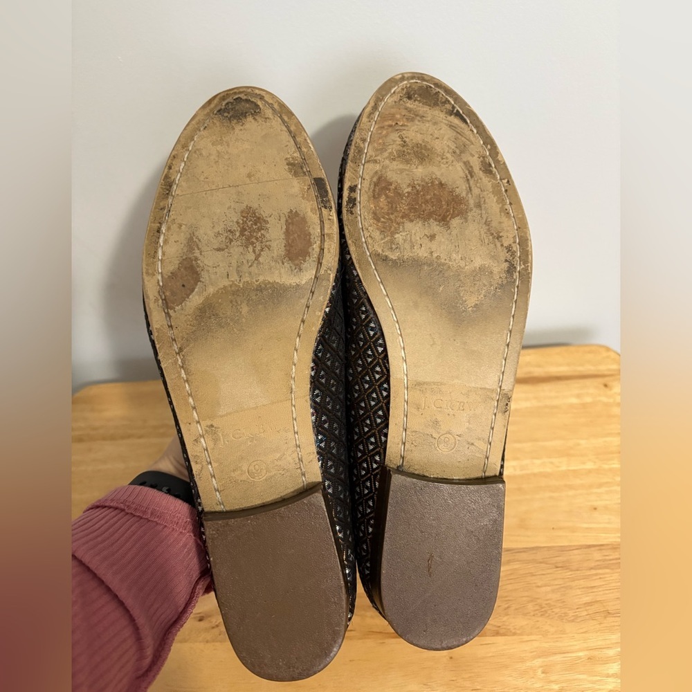 J. Crew Jacquard Tassel Loafers Black Gold Geometric Pattern Size 9 Old Money - Picture 8 of 12
